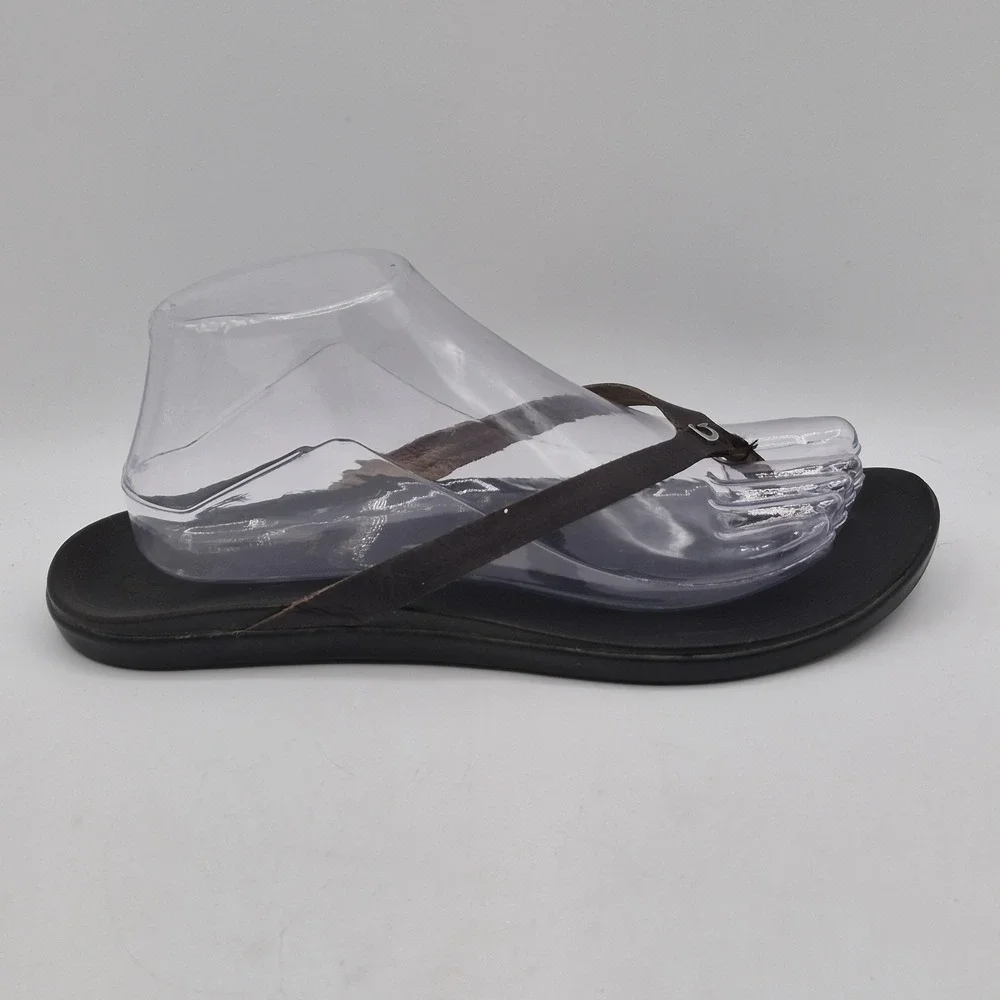 OluKai Sandals Womens Size 10 Brown Leather Thong Flip Flops Black‎ Sole Comfort